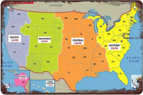 Stone Usa Time Zone Map Vintage Maps Tin Metal Signs Home Décor 8x12