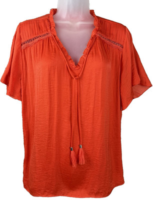 Philosophy Republic Orange Flutter Sleeve Blouse XL Ruffled V-Neck Crochet +Ties