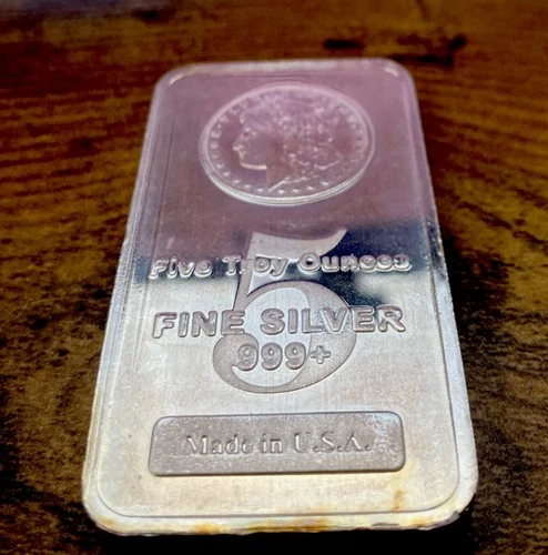 5 oz. Silver Bar - Morgan Dollar Design .999+ Fine - MADE In USA Stamp.