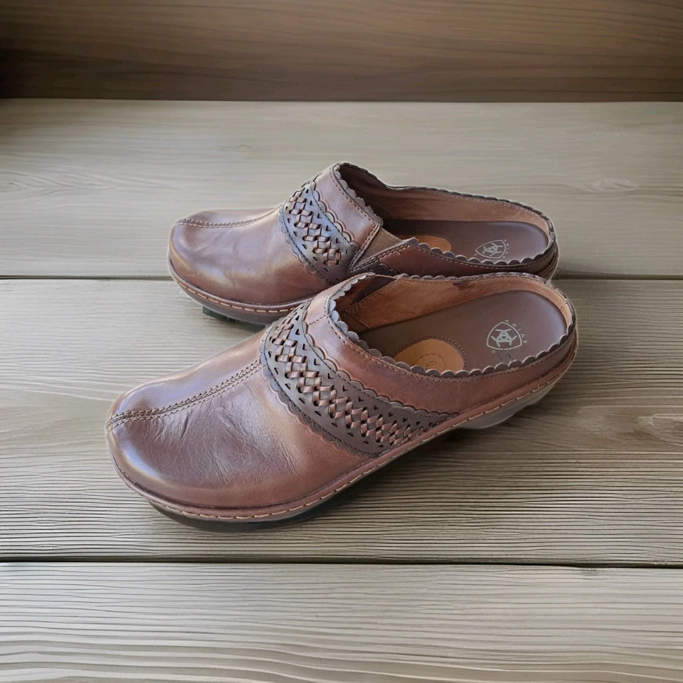 Zuecos mules de cuero/tejido ARIAT para mujer talla 11 B marrón sin cordones en el tacón Foto 3 de 4