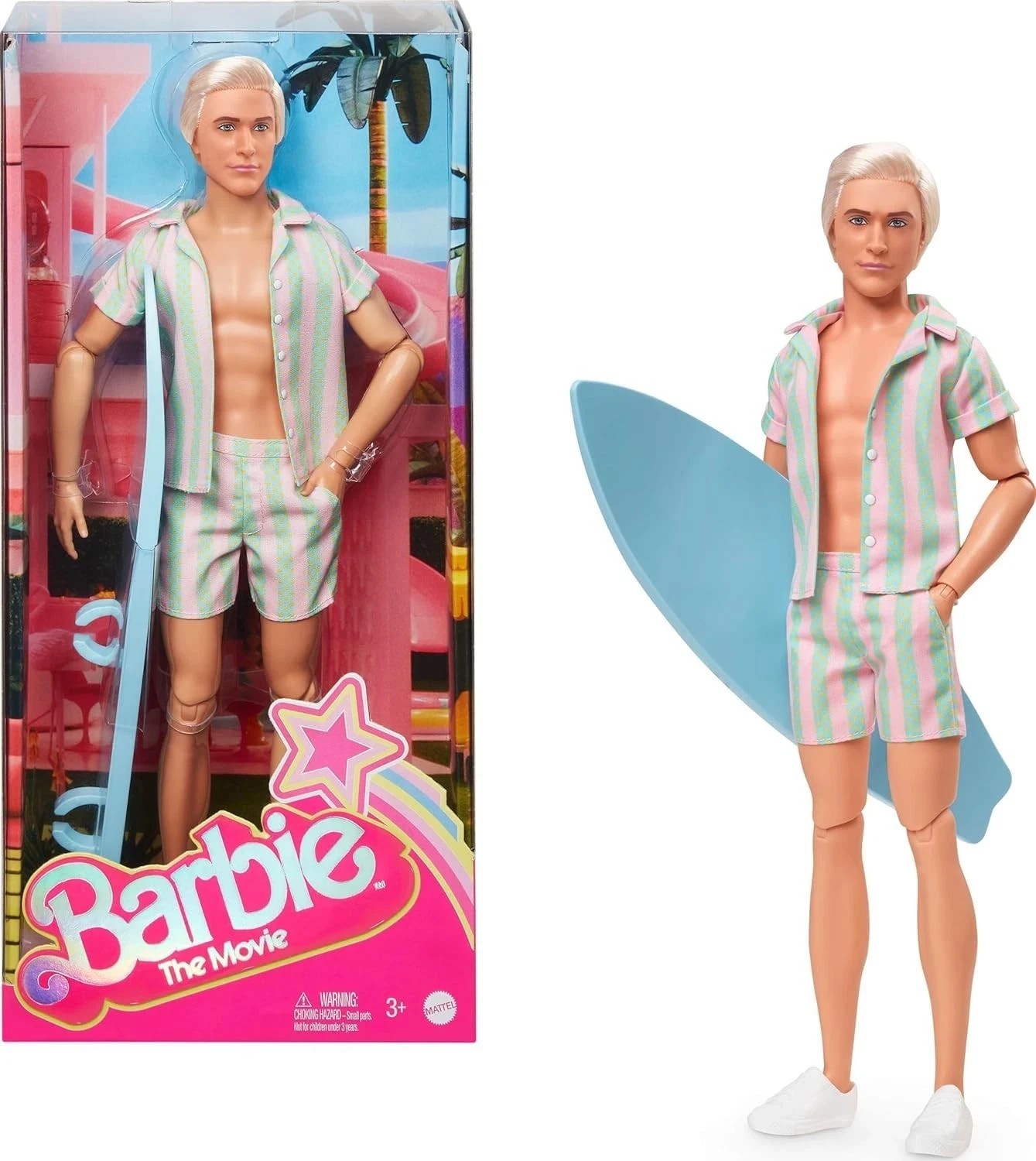 Barbie The Movie Ken Doll Wearing Pastel Pink and Green Striped Beach Matching - Image 3