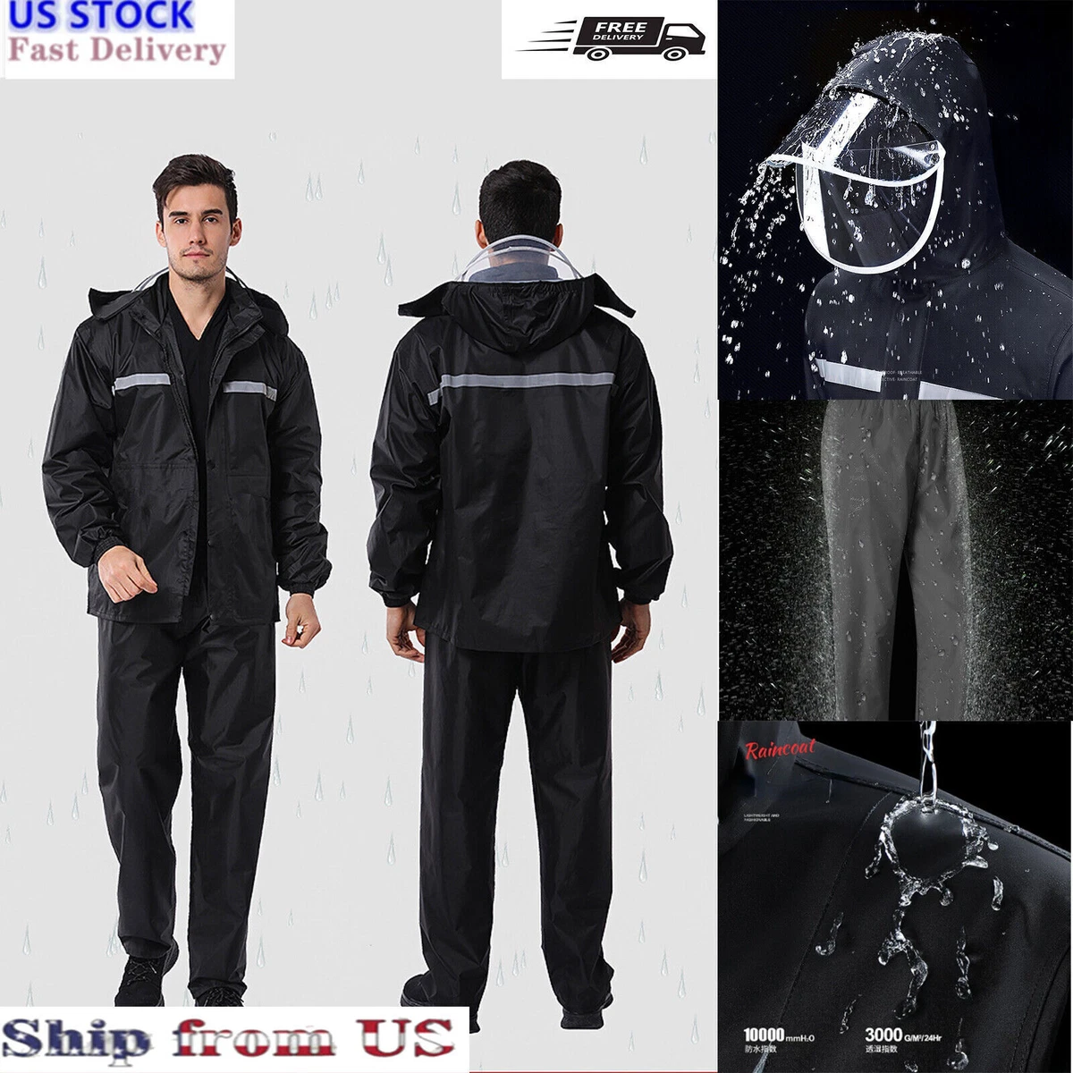 Rain Suits Black Safety Jacket Raincoat Hooded Waterproof Fishing Pants US