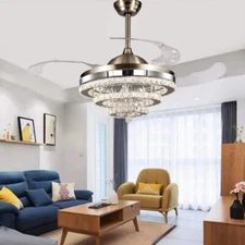 Modern 42"Crystal Ceiling Fan Light Silver LED Chandelier Remote Control Lamps