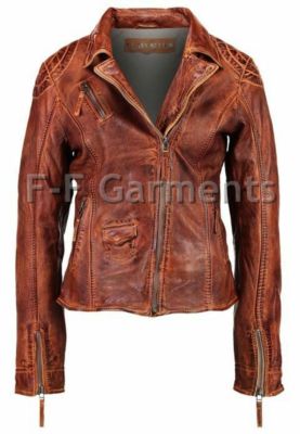 Women's Distressed Antique Brown Cafe Racer Vintage Biker Leather Jacket