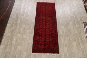 Geometric-RED-Balouch-Runner-Rug-Wool-Hand-Knotted-Oriental-Hallway-Carpet-3x9