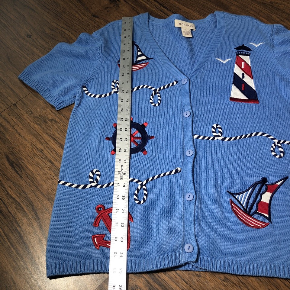 Nautical Cardigan Sweater Womens L Blue Lighthouse Anchor Boat Rope