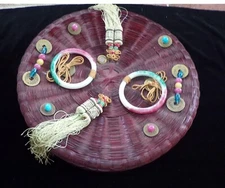 Vintage Chinese Red Sewing Basket Box with Lid, Coins, Tassels