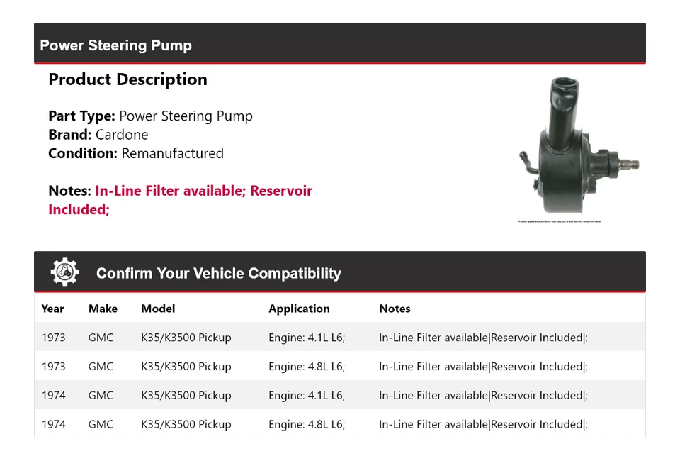 For 1973-1974 GMC K35/K3500 Pickup Power Steering Pump Cardone - Image 2 of 4