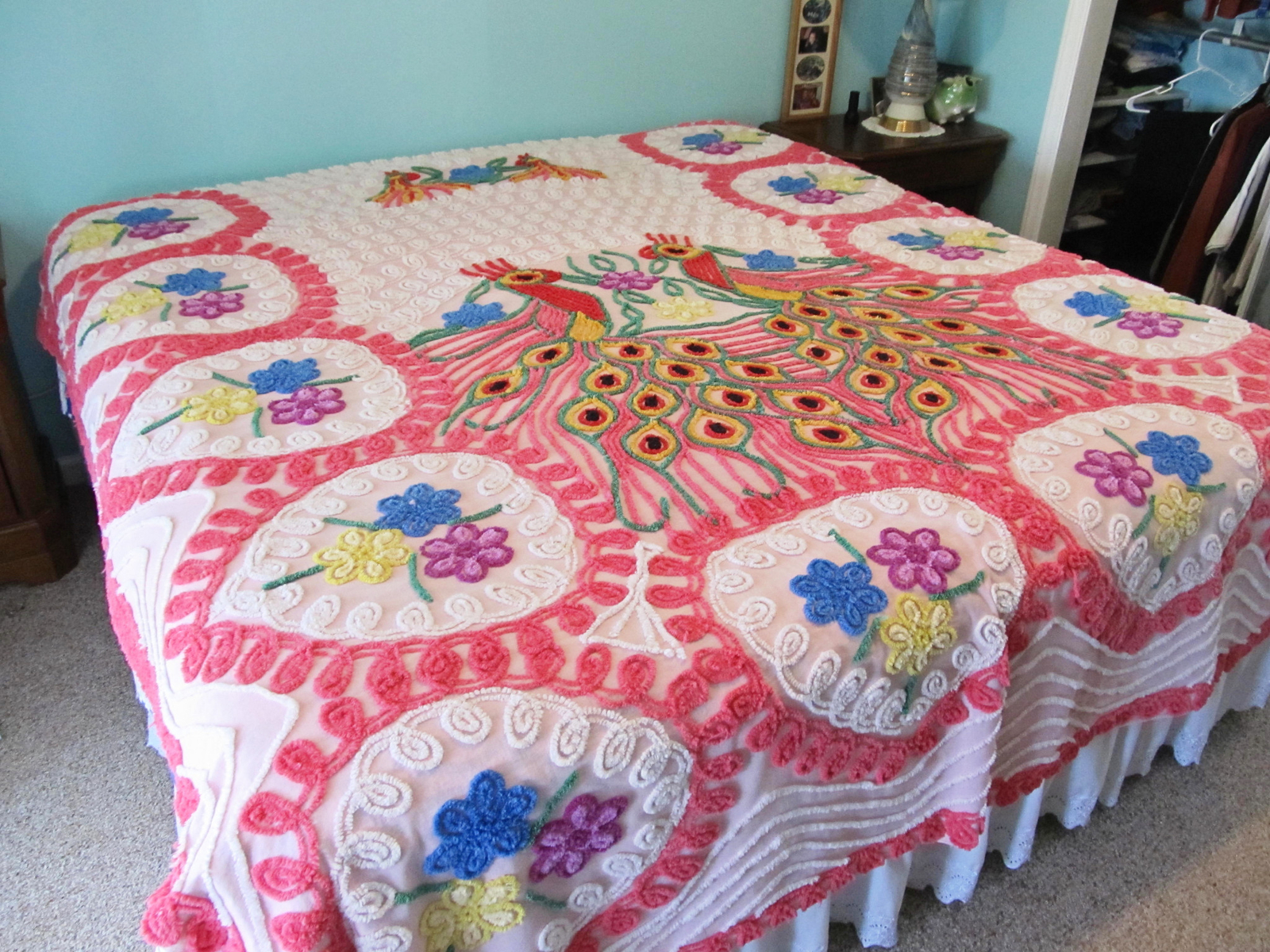 RARE Vintage Full/Queen Size Double Peacock Chenille Bedspread Pink