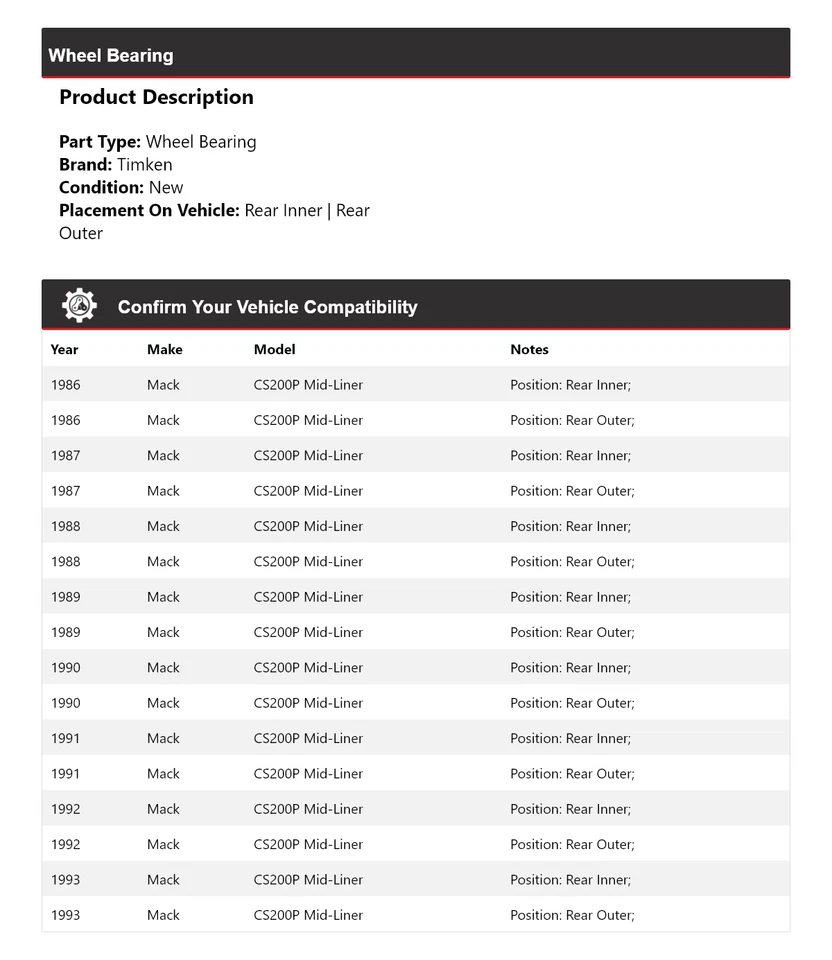 Cojinete de rueda de revestimiento medio Timken 1987 1988 1989 1990 para Mack CS200P 1986-1993 Foto 2 de 4