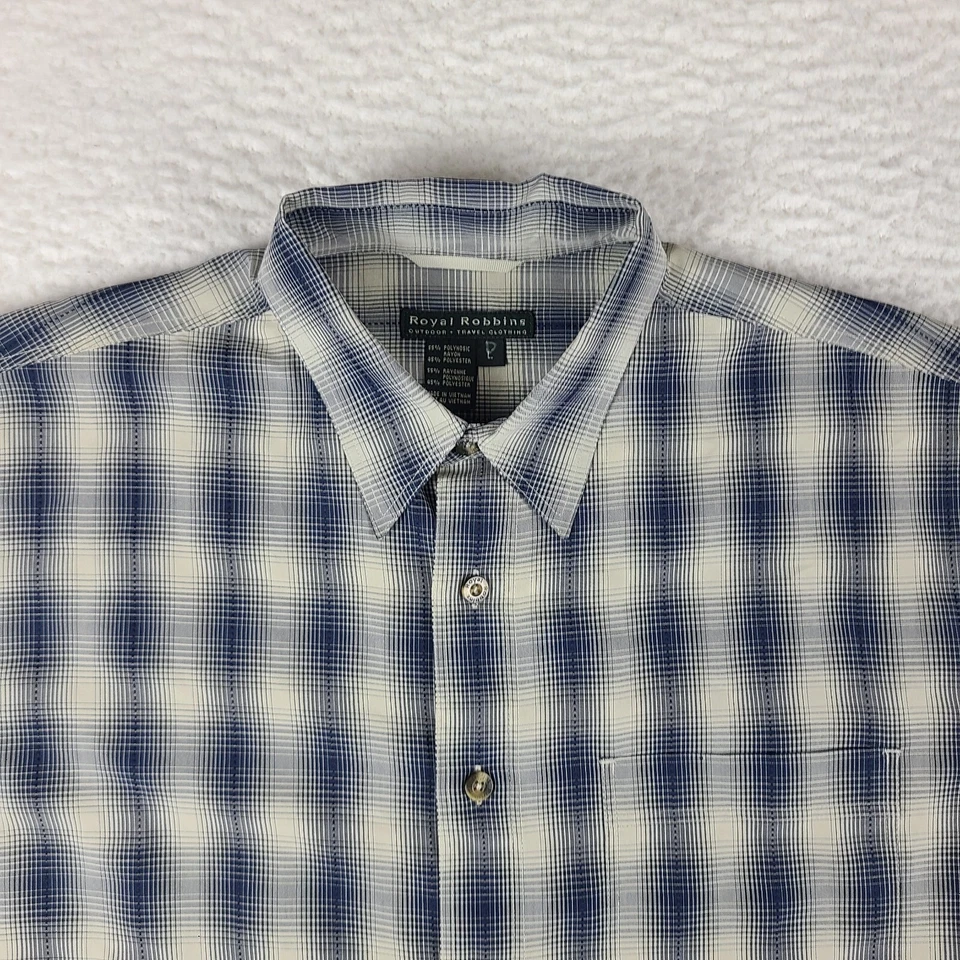 Royal Robbins Dress Shirt Mens Large Blue Beige Plaid Hawaiian Button Up - Image 3 of 4