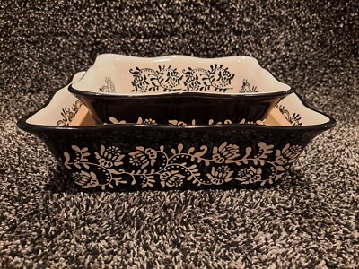 Stoneware Bread Pans, 2 Sizes - B&W Floral Pattern Glazed Ceramic Bakeware Set