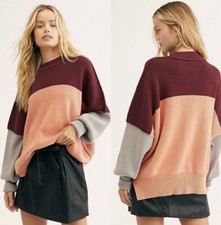 Free People Easy Street Oversized Pullover Sweater Sz S Peach Gray Burgundy NWOT