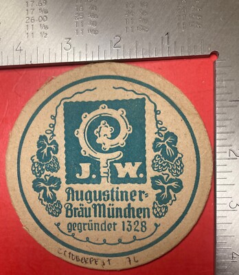 J. W. AUGUSTINER BRAU MUNCHEN 4.2 INCH ROUND  BEER COASTER RARE VINTAGE