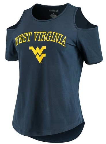 West Virginia Mountaineers Boxercraft Sueded Jersey Cold Shoulder Navy T-Shirt - Picture 2 of 4