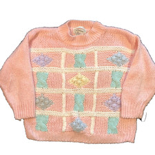 VTG PINK PASTEL SWEATER SZ S HAND KNITTED FLORAL GRANNYCORE JJ FARGO WOMENS
