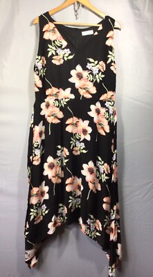 Wallis Black /Multi Floral Print Lined Hanky Hem Midi Dress Size