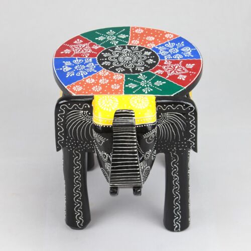 Wooden Elephant Stool Colorful Top Design Hand painted Home Decorative 12 inch - Picture 2 of 4