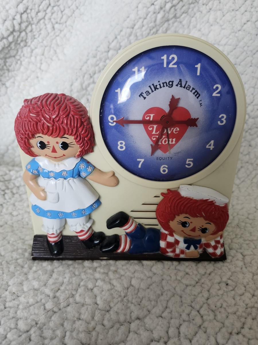 Working Raggedy Ann Andy Wind-Up Talking Alarm Clock, Tics & Talks