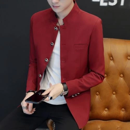 Men's Blazer Casual Chinese Tunic Suit Stand Collar Jackets Coat Single Breasted - Image 3 of 4