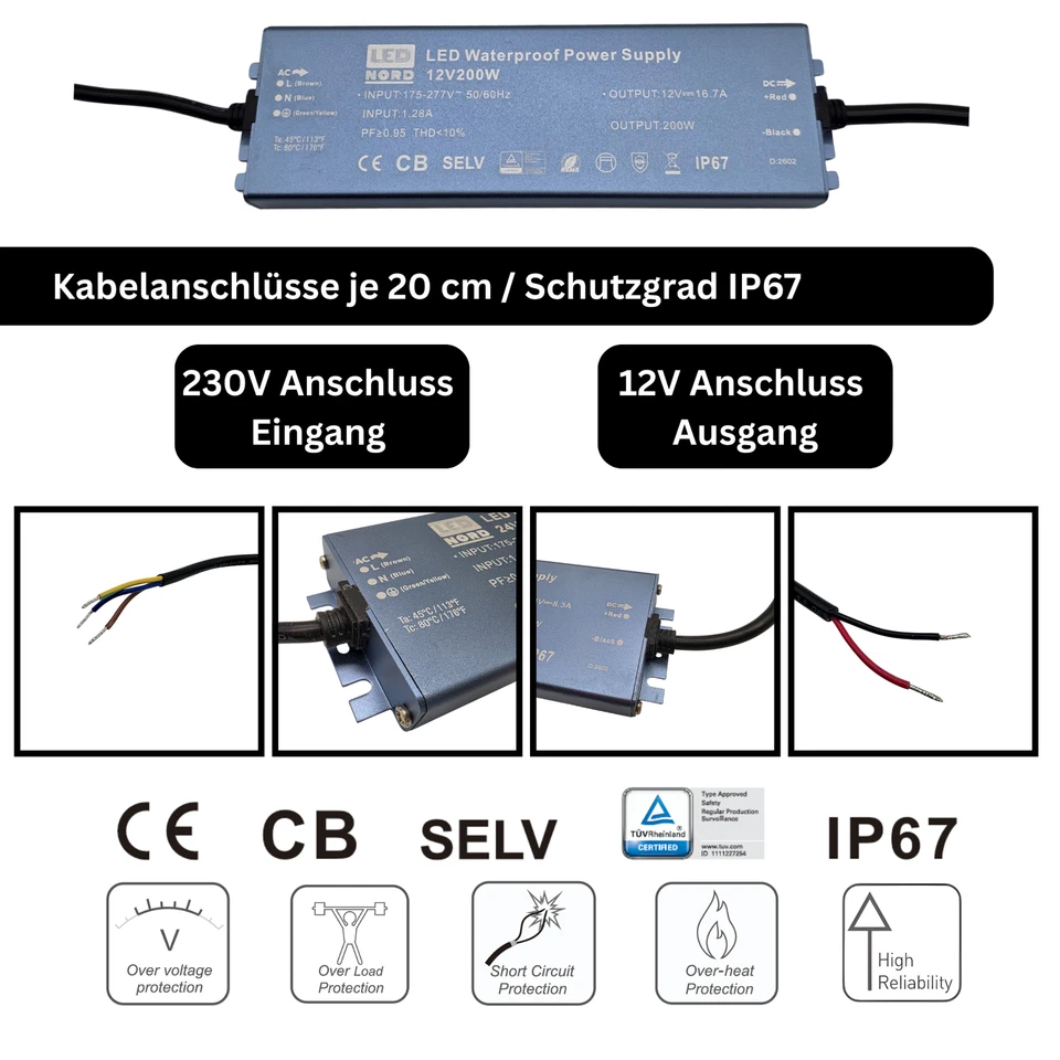 Netzteil Trafo KonstantSpannung DC LED Nord 60W-500Watt 12V IP67extrem flach - Bild 2 von 2