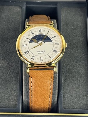 Pulsar Quartz Celestial Dial Gold Stainless Steel Brown Leather Day/Night Watch