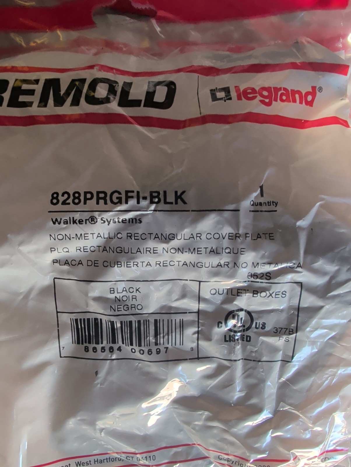 Legrand 828PRGFI-BLK Non-Metallic Wiremold Rectangular Cover Plate