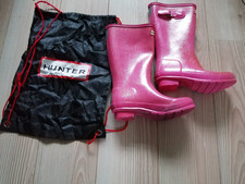 HUNTER Sparkly Pink Rubber Rain BOOTS size 2 stained sole + BAG Girls wellies