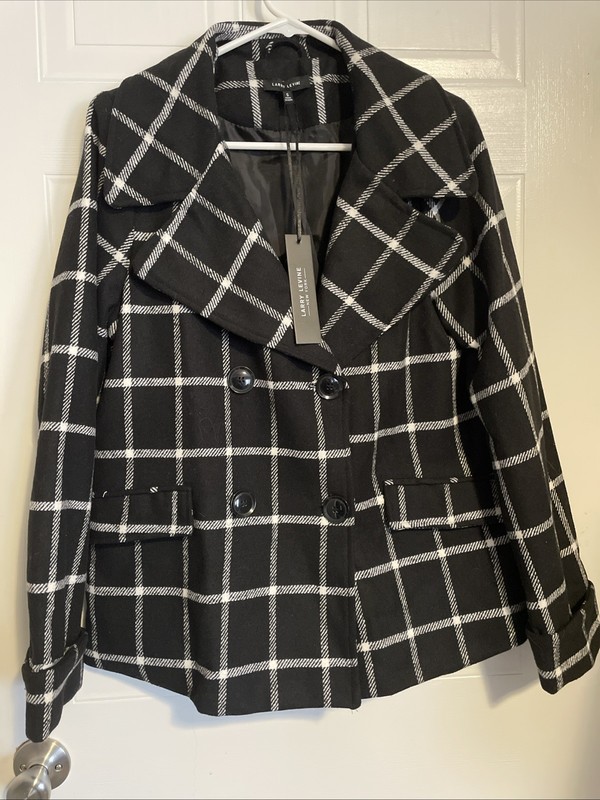 NEW Larry Levine Pea Coat Size S Lined Black White Plaid Windowpane Doublebreast