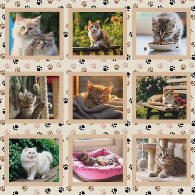Whisker Wonders Collage Block Fabric Panel ~ 24'' x 44'' ~ Cats and Kittens