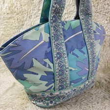 Emilio Pucci Large Canvas Handbag Blue Botanical Allover Print Gold Hardware