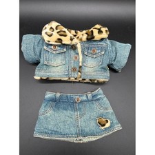 Build a Bear Workshop Denim Jacket and Skirt Outfit Leopard Trim Heart Detail