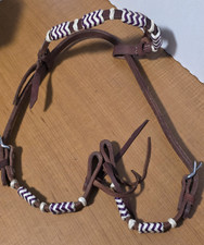 Full Western Headstall Browband Medium Oil Purple White Braided Rawhide Plait