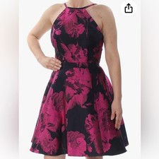 Xscape Halter Neck Pink and Black Fit & Flare Mini Dress