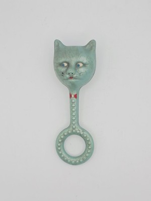 Seltene 20er Jahre antike Zelluloid Katze Baby Rassel Sammler blau türkis 15 cm Spielzeug