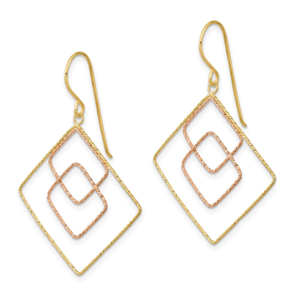 14k Two-Tone Gold 41mm Diamond-cut Graduated Square Shepherd Hook Earrings - Image 2 of 4