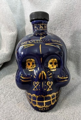 KAH Ltd Ed Handmade Skull Bottle Mexican Day of Dead Cobalt Blue Gold 2012