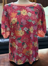 BiBi Ladies Pink/Orange Floral puff Sleeve Boutique Top Size Medium