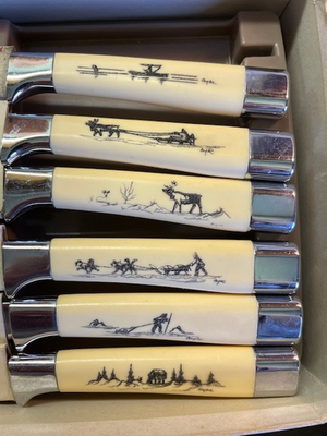 Chas. D. Briddell, Inc. Carvel Hall 6 Knife Set Engraved Scrimshaw