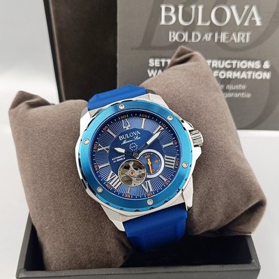 New Bulova Marine Star 98A303 Blue Dial Blue Rubber Strap Men's Automatic Watch