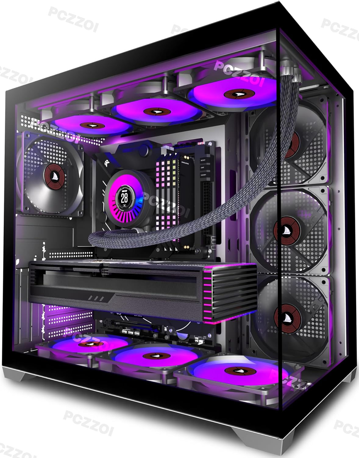 Black ATX Mid Tower Gaming PC Case with 4 Fans & Dual Tempered Glass - K4