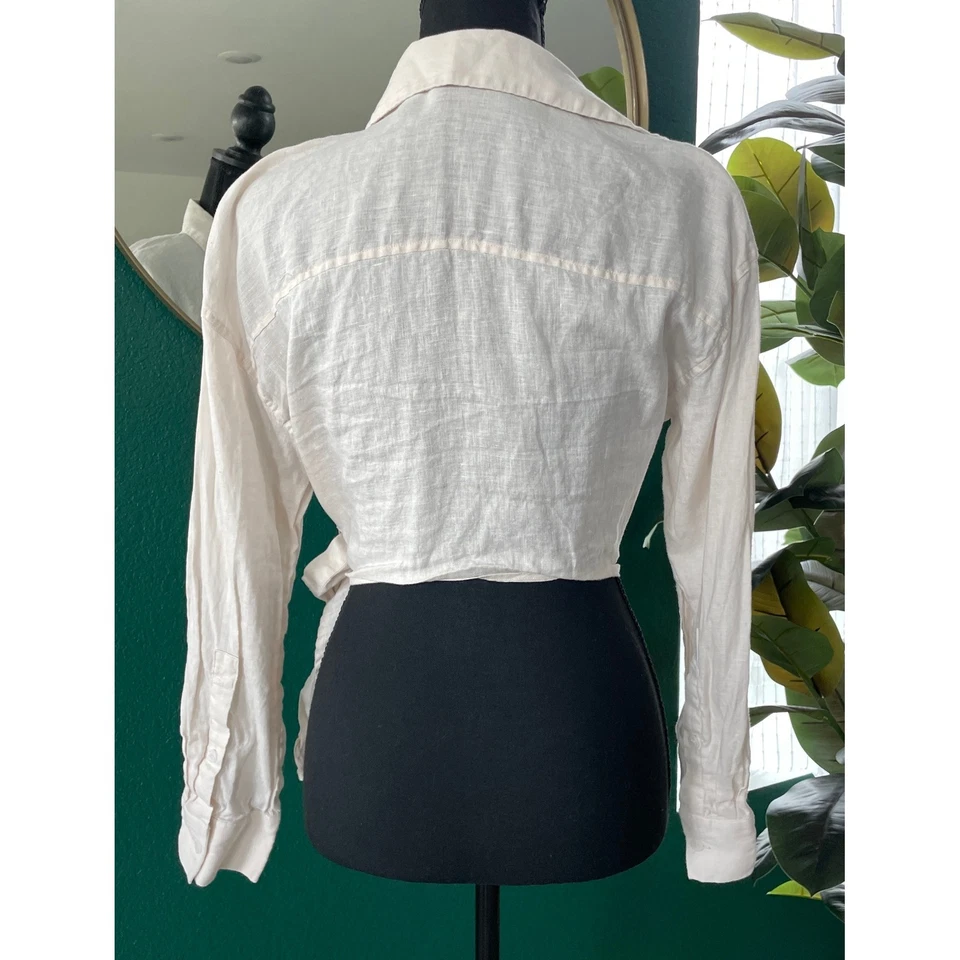 Zara 亚麻混纺裹身上衣女式 S 恤米色长袖短极简主义 — 第 3/4 张图片