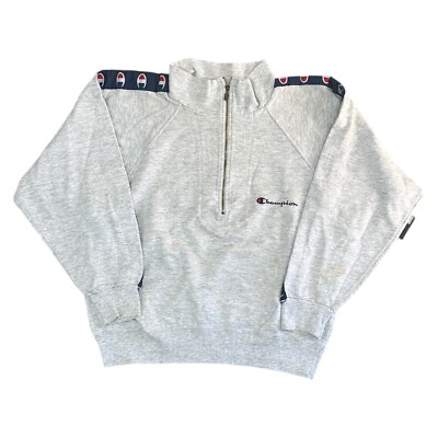 Champion Sweatshirt 1/4 Zip Pullover Tape Logo Y2K Grey Jumper Womens Small  UK