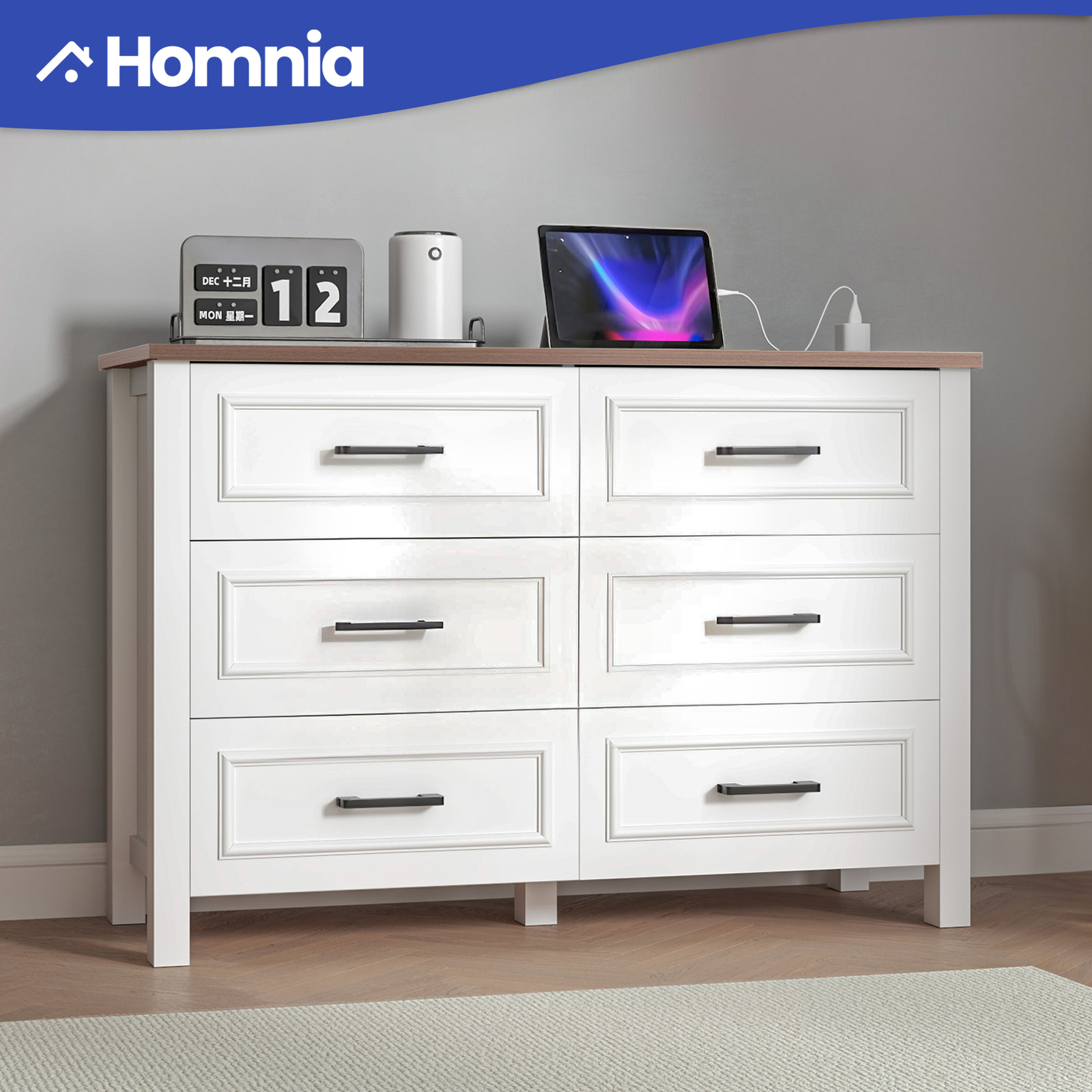 6 Rustic White Drawers Dresser Wooden TV Stand Cabinet Brown Bedroom Organizer