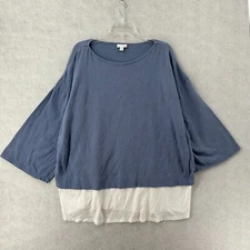J Jill Pure Tunic Blouse Women XL Layered Crinkle Knit Blue Relaxed Linen Cotton