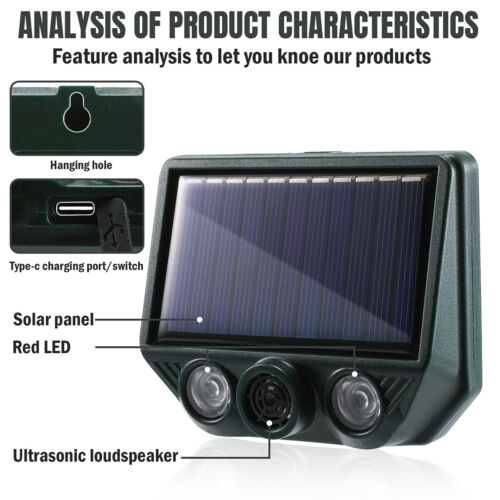 Solar Ultrasonic Animal Repellent w/LED Dog Skunk Deer Raccoon For Garden Yard - Picture 11 of 14