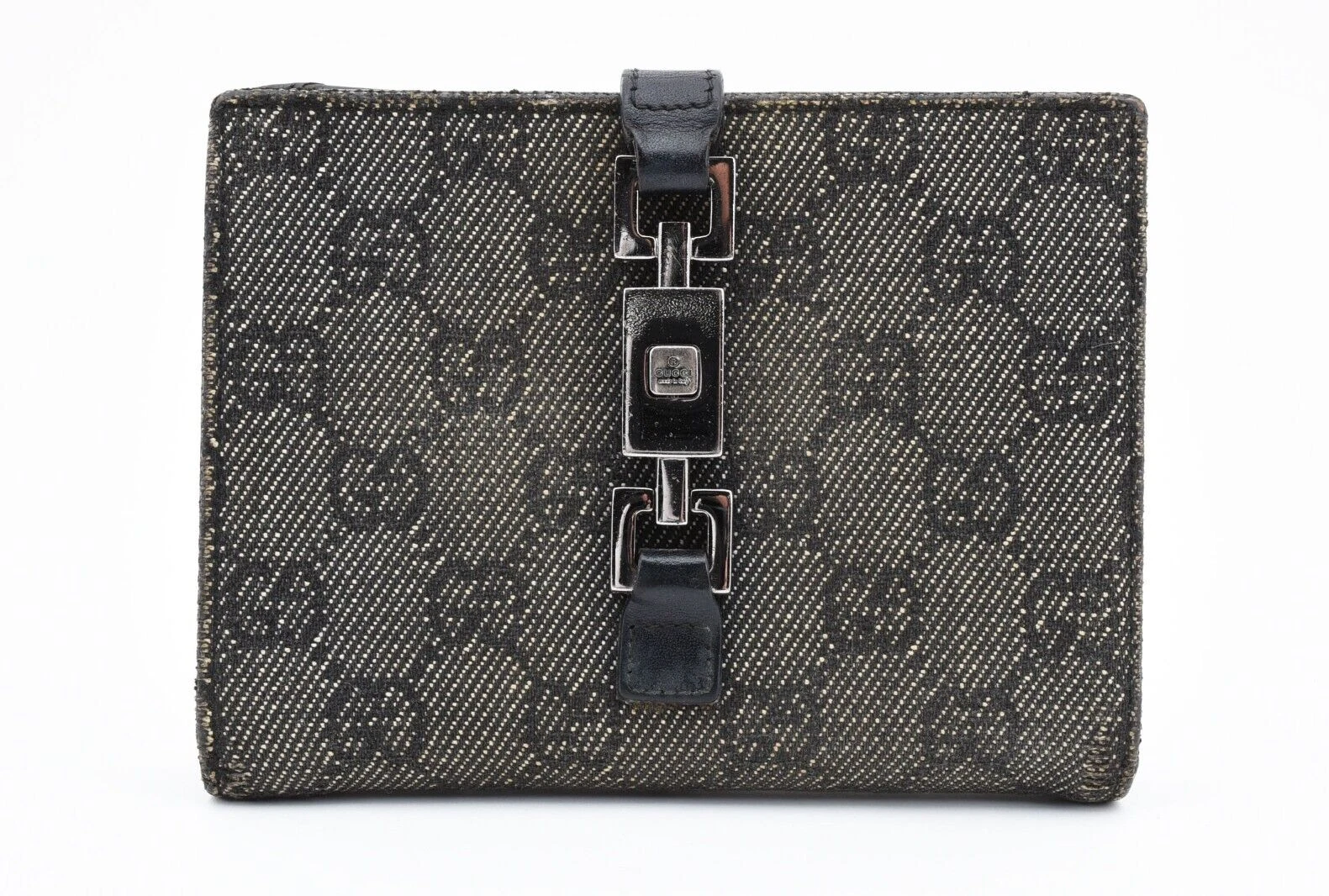 GUCCI [Rang AB] Jackie GG portefeuille toile cuir sac à main double pli bleu marine authentique 05511