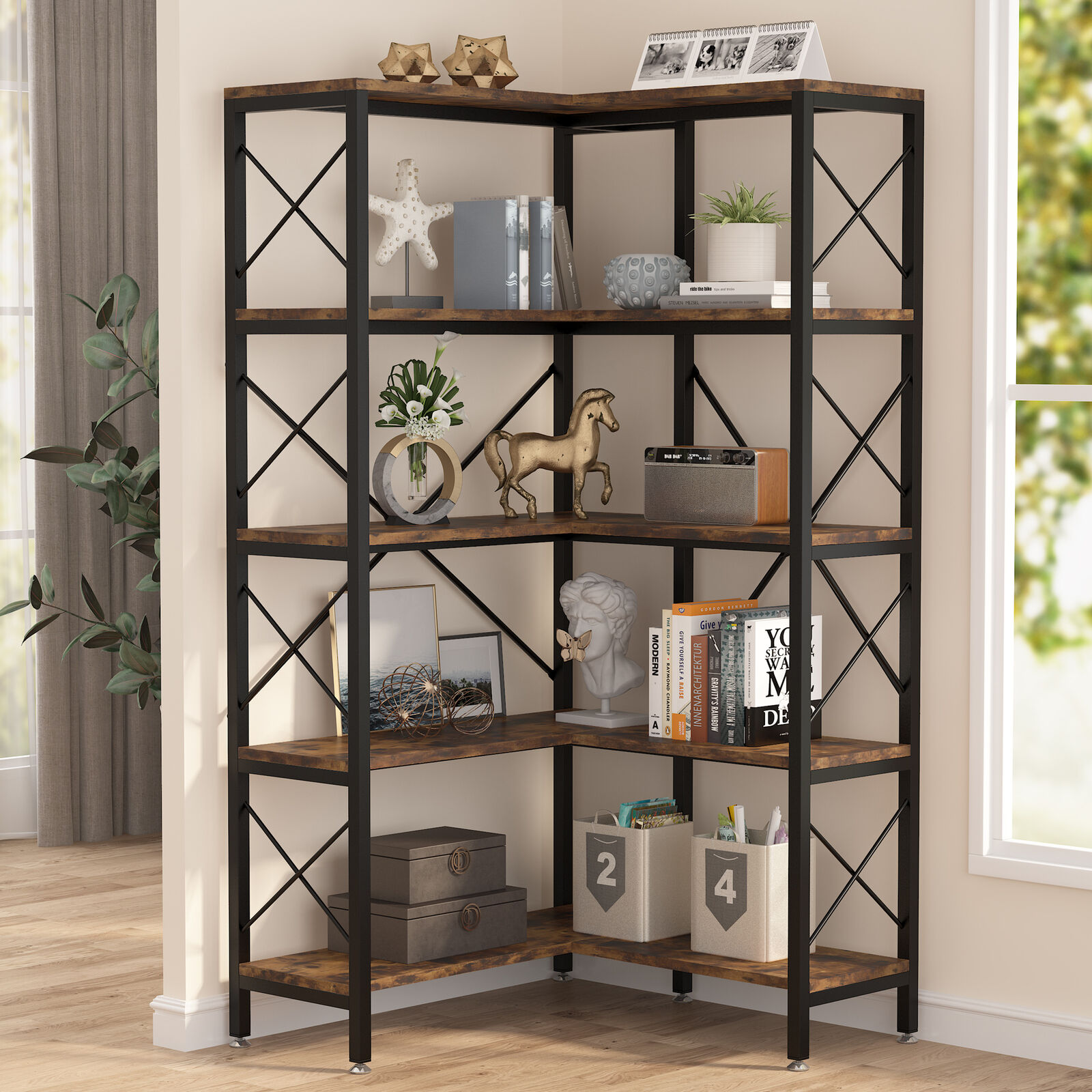 Industrial Corner Bookcase 5Tier 65.7" Tall Bookshelf Storage Display Rack Decor