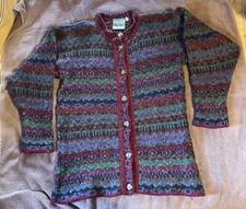 VTG GAELTARRA PURPLE, TEAL FAIR ISLE CHUNKY BUTTON DN WOOL SWEATER SZ L IRELAND