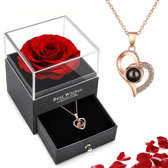 Rose Eternelle Pendentif Coeur Message Caché Amour Femme Idée Cadeau Romantique